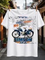 Simson SR2 komiksų mėlynas mopedas, menas su oranžiniais greičio užrašais ir „Wer Simson fahrt nie verkehrt“ Unisex marškinėliai S gray