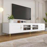 Moderni žema TV spintelė su 2 stalčiais, 2 stiklinėmis durelėmis ir 1 spintelės durele, reguliuojamomis lentynomis ir metalinėmis rankenėlėmis, Balta, 170×40×28 cm 170 x 40 x 28 cm balta
