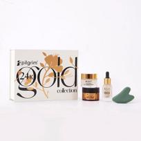 Pilgrim 24K aukso kolekcijos rinkinys su NEMOKAMU Gua Sha | Į rinkinį įeina auksinis veido serumas (20 ml), Auksinė veido kaukė (20gm) & Auksinis drėkiklis (50gm) white
