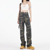 Army green camouflage tooling jeans high street design hip hop sweet and spicy retro wide-leg casual straight pants S kamufliažas