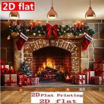 2D Festive Fireplace Backdrop with Stonework, Gifts, Candles and a Large Red Bow 70.9x43.3inch/180*110cm brown
