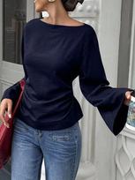 Solid Color Casual Waist Cinch Boat Neck Flare Long Sleeve T Shirt S
