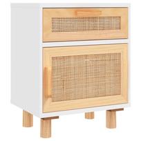 Bedside Table White Solid Pine Wood and Natural Rattan
