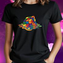 T-Shirt Women Rubik's Cube Magic Cube Motif Cotton Size S to 3XLWill be opened in a new window or tab L black