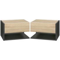 Set of 2 Wall-Mounted Bedside Tables - Set of 2 Nightstands - Sliding Drawer, Shelf, Two-Tone Oak Look Black 46 x 30 x 30 cm