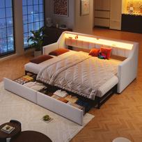Dienos lova, Sofa-lova, 90 x 200cm, Su USB ir Type-C, LED juosta, Su 2 stalčiais, Sandėliavimo maišeliais, Daugiafunkcinė ištraukiama lova, Be čiužinio, Smėlio spalvos 212 x 193 x 92 cm smėlis
