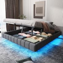 Apmušta lova 180x200 cm, Hidraulinis plaukiojantis lovos rėmas su daiktadėže, Multifunkcinė lova be galvūgalio su LED apšvietimu, Lininė pilka 201 x 181 x 31 cm pilka