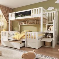 Trijų vaikų dviaukštė lova 90x200 ir 140x200, pagaminta iš masyvmedžio, su lentute rašymui kreida, saugojimo laiptais, stalčiais ir kopėčių spinta, jaunimo lova, balta 253 x 145 x 150 cm balta