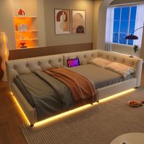 (=WX001033AAA)Sofa-lova, Dienos lova, 90x200cm, su groteliniu rėmu (be čiužinio), Aplinkos apšvietimas, USB+Type-C, Linas, Smėlio spalvos 213 x 103 x 50 cm smėlis