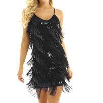 Sling Sequins Tassel Skirt Collar Dress Latin Dance Dress Dance Costume Performance Costume S juoda
