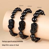 Obsidian Pixiu Zodiac Birth Buddha Beads Bracelet for Luck and Peace, Unisex Bead diameter 10mm (Unisex) black