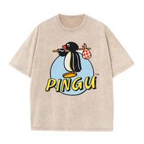 Funny Pingu the Penguin Cartoon Print Washed Beige Streetwear T Shirt S