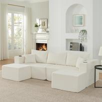 3 vietų modulinė kampinė sofa, su kilnojamais pufais, minkštu veliūro audiniu, puodelių laikikliu, svetainei, viešbučiams ir nuomojamiems butams, smėlio spalvos smėlis
