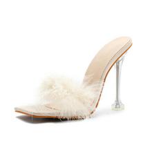 Fashion Pink Furry Feather Faux Fur Women Slippers Sandals Elegant Square Toe Transparent High Heels Banquet Party Shoes 39 rožinė