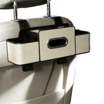 3-in-1 automobilio galinės sėdynės organizatorius Daugiafunkcinė galinės sėdynės laikymo dėžutė su 2 puodelių laikikliais, servetėlių dėžute ir kabliukais telefonams, užkandžiams, gėrimams, rankinėms laikyti ruda