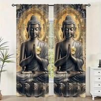 Classic Buddha Printed Curtains Polyester Style Home Decor Window Treatment Bedroom Office Kitchen Living Room Curtain For Area Made Of W100*H70(CM)-Grommet top&1PCS beige