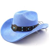 Bohemian belt western cowboy hat for men and women, tibetan style suede jazz hat, wide brim top hat M（56-58cm） tamsiai dangaus mėlyna spalva