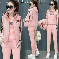 Didelio dydžio plius aksomu pastorintas sportinis kostiumas moteriškas rudens ir žiemos laisvalaikiui Trijų dalių žieminis madingas kostiumas moterims M rožinė