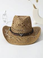 Unisex Black Straw Cowboy Hat With Cattle Head Decor Wide Brim Hollow Out Sun Hat For Summer Beach Travel chaki
