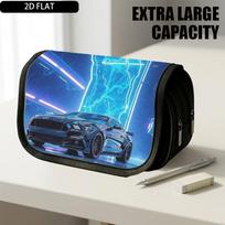 1pc Double Layer Flip Pencil Case, Cyberpunk Car, Large Capacity, Portable Polyester Pen Storage Bag with Zipper Closure, Ideal for School & Office Su 20x9x11cm