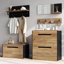 Coat Rack Set, Drawer, Mirror, 2 Shoe Cabinets, Hat Shelf and 4 Hooks, with Shoe Bench, Can Be Freely Combined, Black + Wood Tone, 156x36x176cm 156 x 36 x 176 cm