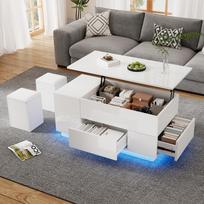 100*50*45cm Aukščio reguliuojamas kavos staliukas su LED, 2 stalčiais, blizgus, su sofa ir 2 kėdutėmis, paslėpta daiktadėžė, keliamoji galia 50kg, baltas 100 x 50 x 45 cm balta