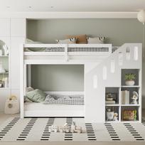 Children's Bunk Bed, Double Bed, Multifunctional Bed, with Stairs and Lockers, Stable Railing, without Mattress, 90*200cm, White[OLD SKU:31862890AAW] balta