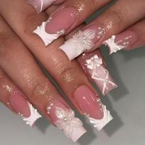 Attractive White Press On Nail Enhanced With Sparkling Pearls And Delicate Ribbons For Special periods 1 white
