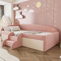 Apmušta lova, sofa-lova, 90*190 cm, daugiafunkcionali lova, su laipteliais ir apsauginiais turėklais, odai draugiškas veliūro audinys, be čiužinio, rožinė + kreminė balta 201 x 99 x 62 cm