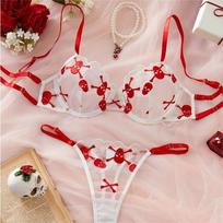 Transparent Pure Erotic Underwear Waving Edge Cute Spice Girl Bra Set Women's Bra Two-piece Set S raudona