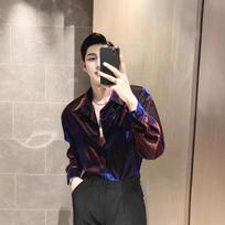 Mens Future Sense Shiny Liquid Metal Long Sleeve Shirt Nightclub Stage Performance Casual Top M violetinė