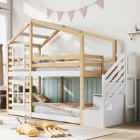 (=AB30604567W) Children's Treehouse 90 x 200 cm, Bunk Bed in Window, Storage and Fall Protection, Natural & White – 2x Slatted Base (Without Mattress) 256 x 96 x 192 cm
