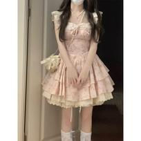 French Sweet Spice Girl Waist Princess Dress Small Summer Beautiful Princess Feifei Sleeve Cake Fluffy Short Dress S- (can be worn within 45kg) rožinė