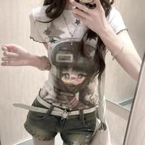 Girls Y2K T-shirts Printed Round Neck T-shirts For Women Short Sleeve Tees L