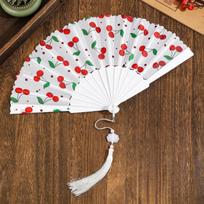 Summer Folding Hand Fan Cherry Lemon Fruit Pattern Portable Plastic Frame Fabric Tassel Cooling Fan For Home Women white