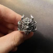 Retro Mahakala Mask Ring For Men Silver Color Punk Gothic Rock Hiphop Adjustable Open Ring Handmade  Biker Accessories resizable gray