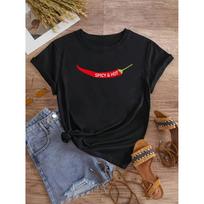 Chili Pepper Hot Spicy Printing Short Sleeve Crew Neck Casual Top for Summer Spring Women's Clothing S juoda