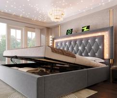 Apmušta veliūrinė dvigulė lova 160x200 cm su LED deimantinės juostelės galvūgaliu, USB/Type-C, hidrauline saugojimo dėže, groteliniu rėmu, pilka (Be čiužinio) 209 x 171 x 109 cm pilka