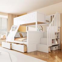 Vaikų lova, Dviaukštė lova su saugos kopėčiomis, stalčiais ir langu; Viršutinė lova 90 x 200, apatinė lova 140 x 200; Tvirtas masyvmedžio rėmas 251.9 x 147 x 166 cm balta