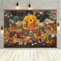 Buddhas Preaching Thangka Tapestry Lotus Garden Scene Wall Hanging For Prayer Room Tea Room Living Room Decor Cultural 100X70CM orange