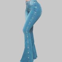 Plus Size High Waist Flare Jeans with Side Button Detailing In Stretch Denim for Summer S mėlyna