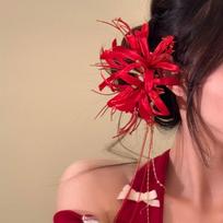 Luxury Flower Tassel Hair Grab Elegant Bridal Headwear Flower Hair Shark Clip  Hair Accessories Style 2 red