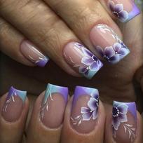 24Pcs Sweet Cool Gradient French Press On Nails Short Square Fake Nail Tips With Purple Flower Design Colorful Manicure black