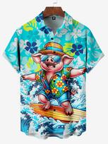 Hawaiian Short-Sleeve Shirt, Fun Surfing Pig Graphic, Casual Summer Wear S blue