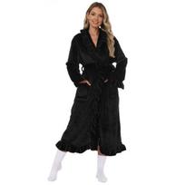 Moterims švelnus klostuotas chalatas, minkštas vilnos šalikėlio apykaklės kimono, vonios chalatas, žiemos pliušinis šiltas namų chalatas su kišenėmis S juoda