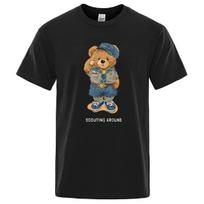Cute Teddy Bear Salute Scoring Around Prints T Shirt Men Brand Tees Short Sleeve Retro Adult T-Shirt Summer  Harajuku  Bored Ape L juoda