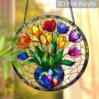 Acrylic Multicolor Tulip Bouquet Vase Suncatcher Stained Glass Effect Window Hanging Ornament Floral Themed Gift for Home 20cm/7.87Inches yellow