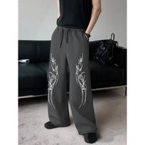 Men's Streetwear Black Wide Leg Sweatpants, White Tribal Flame Artistic Prints, Drawstring Waist, Baggy Fit Casual Daily Wear S gray