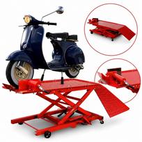 Hidraulinis žirklinis motociklo keltuvas 360 kg su rampa ir rato fiksatoriumi