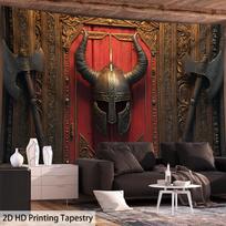 1pc Extra Large Viking Tapestry - Norse Warrior Decor with Battle Axe & Helmet in Red & Golden - HD Digital Print Wall Hanging 100X70CM brown